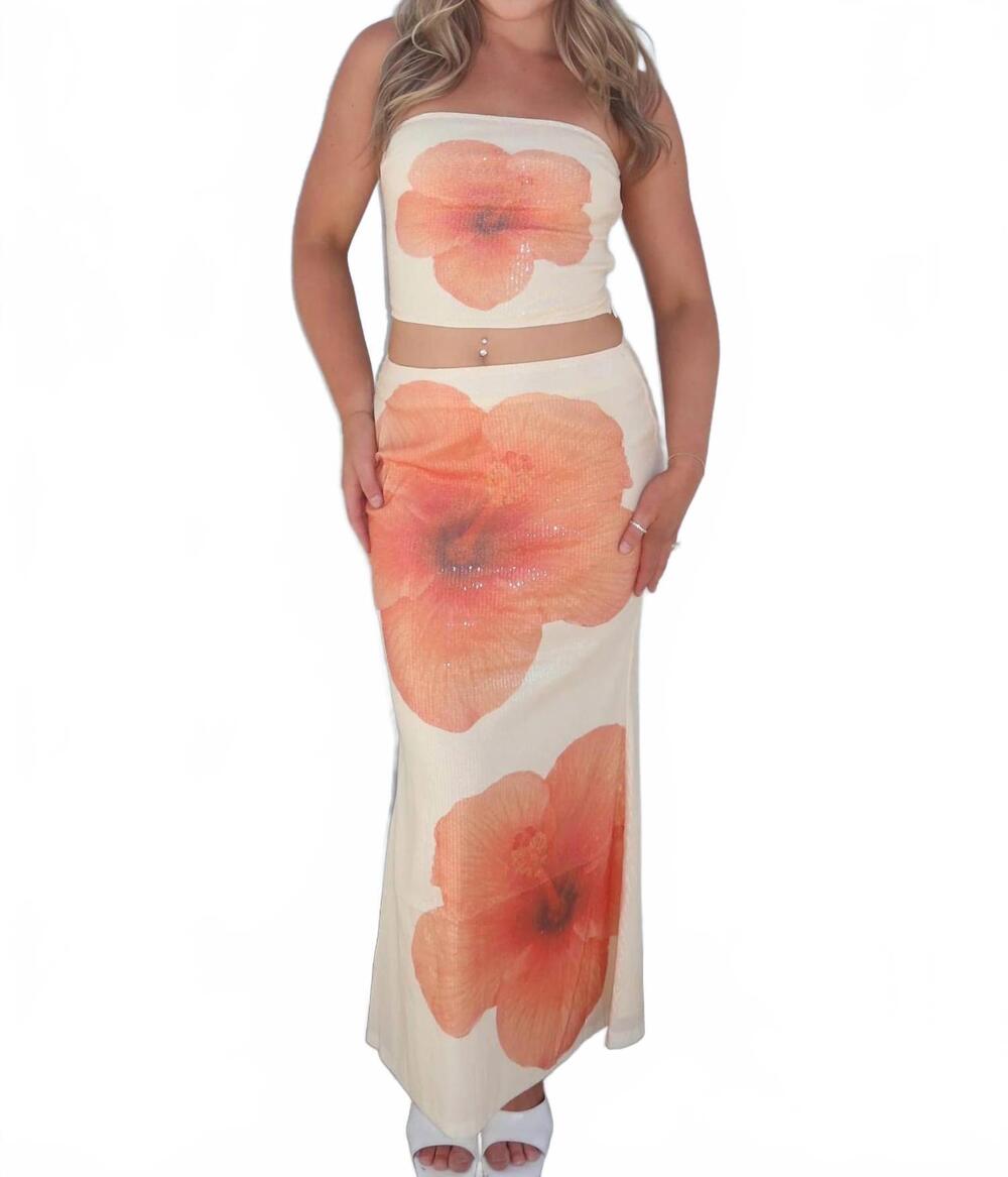NEW SALTY sienna maxi skirt in cream / coral hibiscus floral print